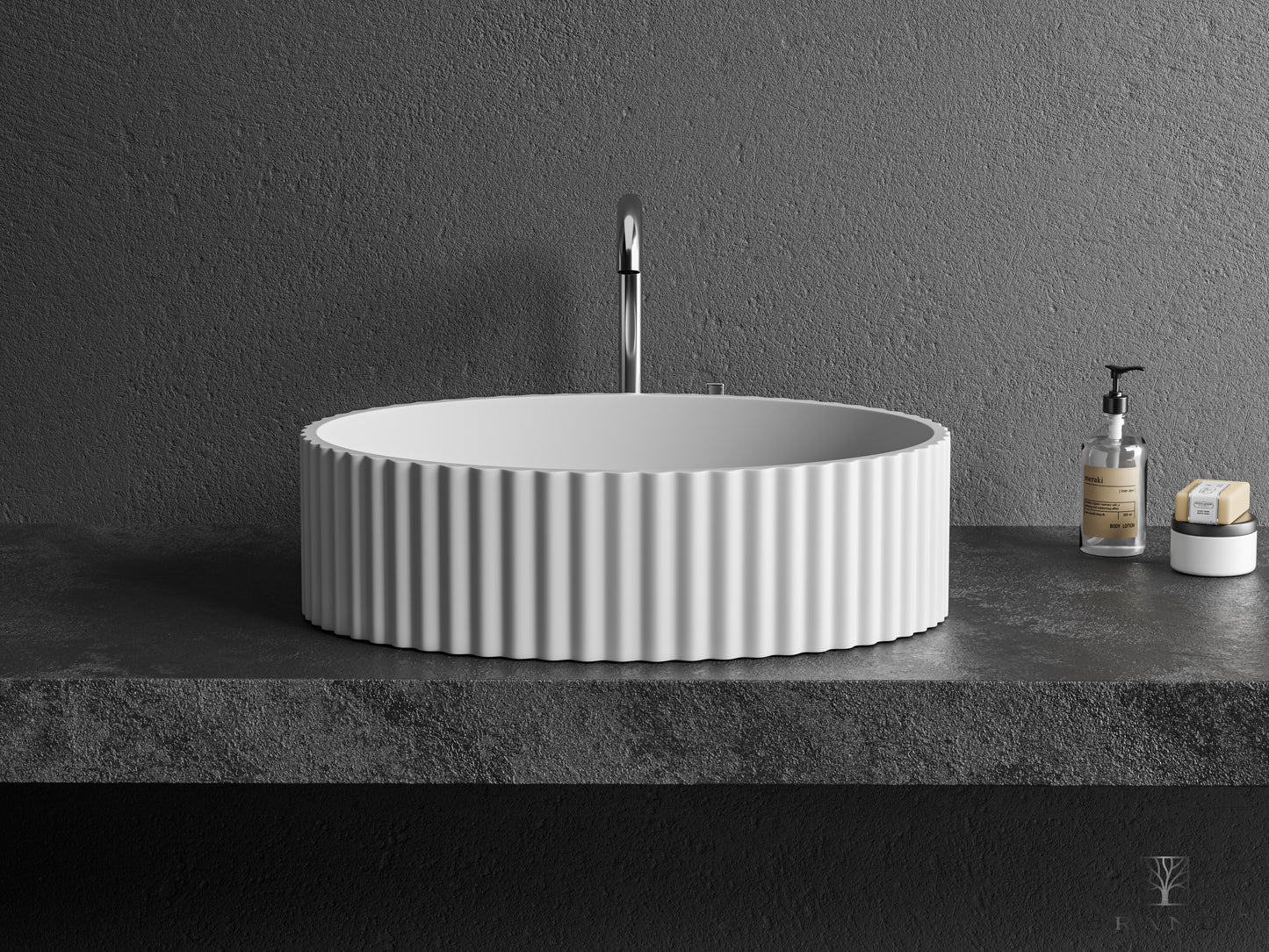 Azure 500 oval bolleservant med riller i hvit solid surface fra Brandt Bad. Sett forfra.