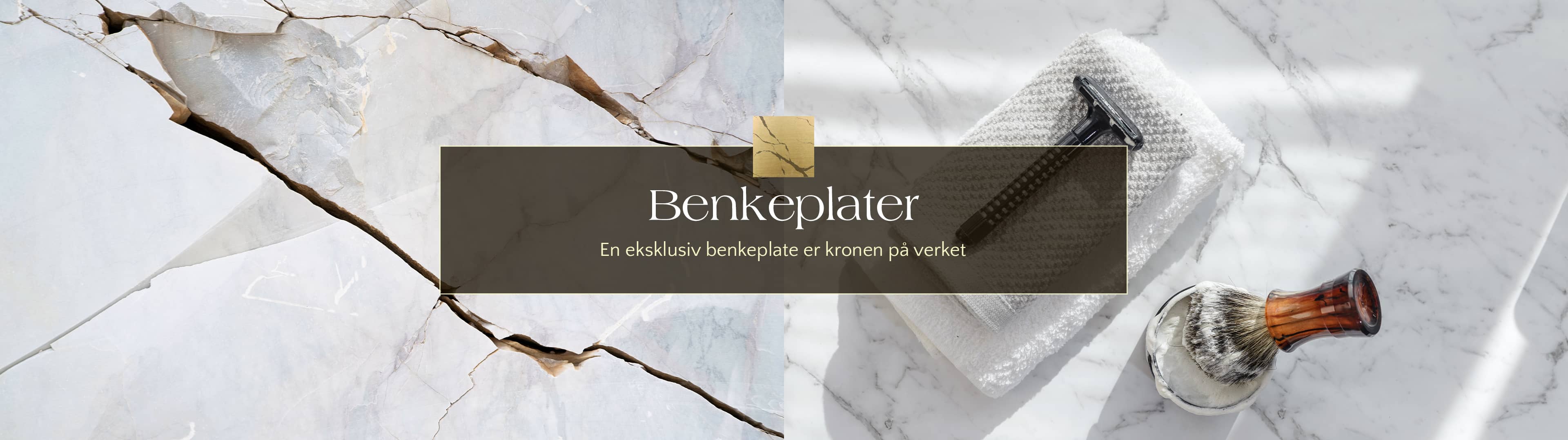Brandt Bad Benkeplater Banner med rå marmor blokk og klassisk barberhøvel med barberkost i tre på benkeplate i carrara marmor.