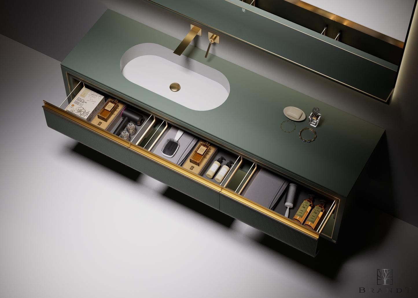 Eksklusivt vegghengt design baderomsmøbel 1500 mm bredde i grønn metallic farge og grønn benkeplate sett ovenfra. LED-belysning i de åpne skuffene og detaljer i messing. Speil med hylle for oppbevaring og LED belysning.