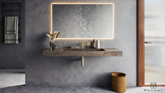 EDGE 90 cm Vegghengt Servant sett forfra i Galakseliknende Galaxy Grey fra Brandt Bad med vegghengt servantbatteri BOX006 og vannlås XACC167 i Brushed Nickel fra Tapwell.