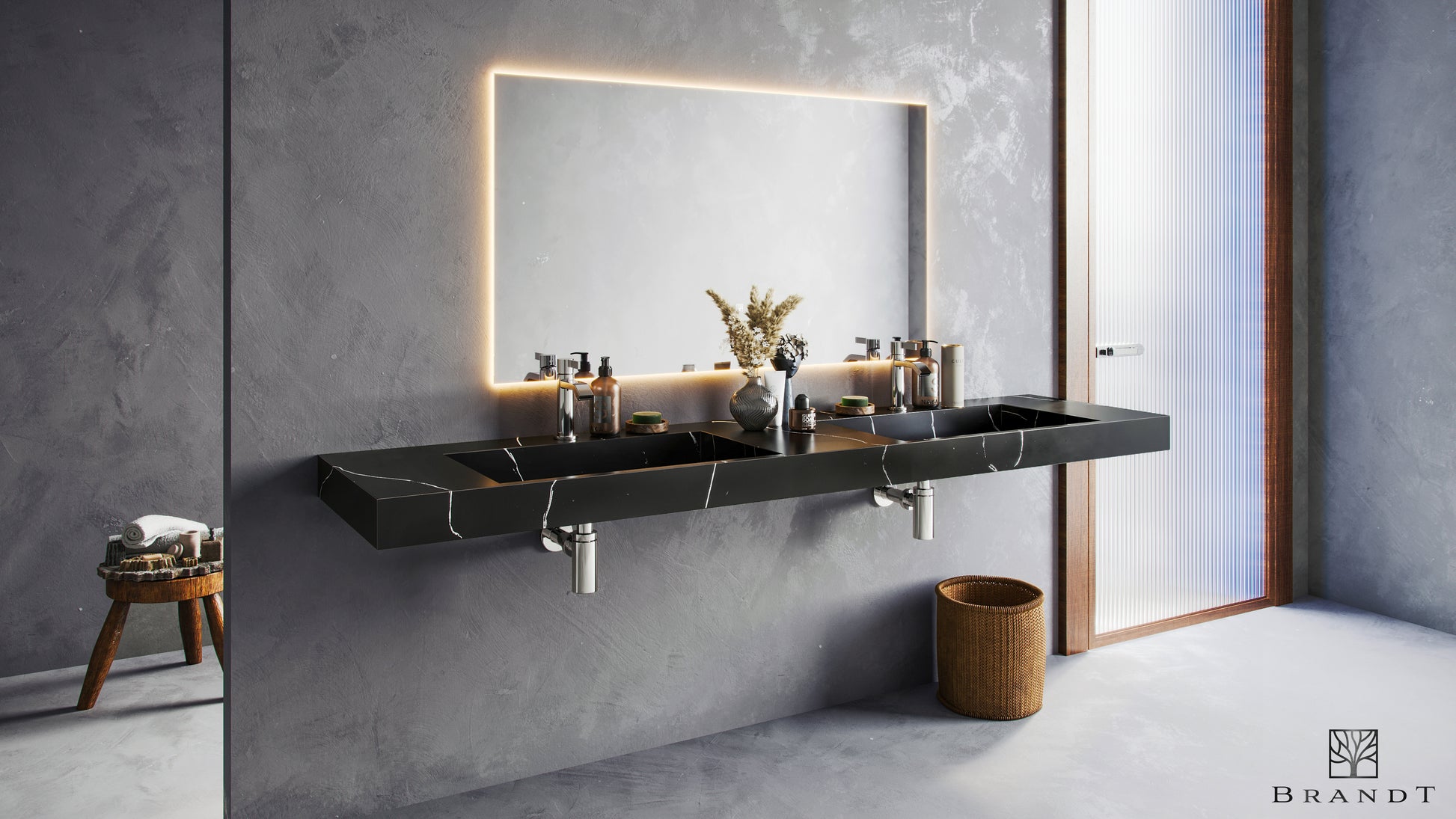 EDGE 180 cm Vegghengt Dobbelservant sett skrått forfra i Sort Marmorliknende Astral Black fra Brandt Bad med servantbatteri ARM071 og vannlås XACC167 i Black Chrome fra Tapwell.