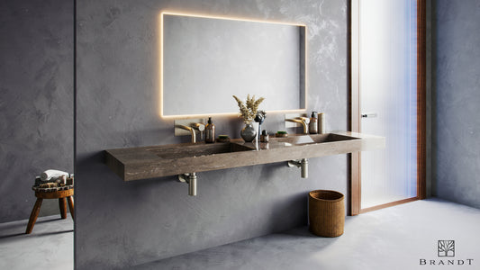 EDGE 90 cm Vegghengt Dobbelservant sett skrått forfra i Galakseliknende Galaxy Grey fra Brandt Bad med vegghengt servantbatteri BOX006 og vannlås XACC167 i Brushed Nickel fra Tapwell.