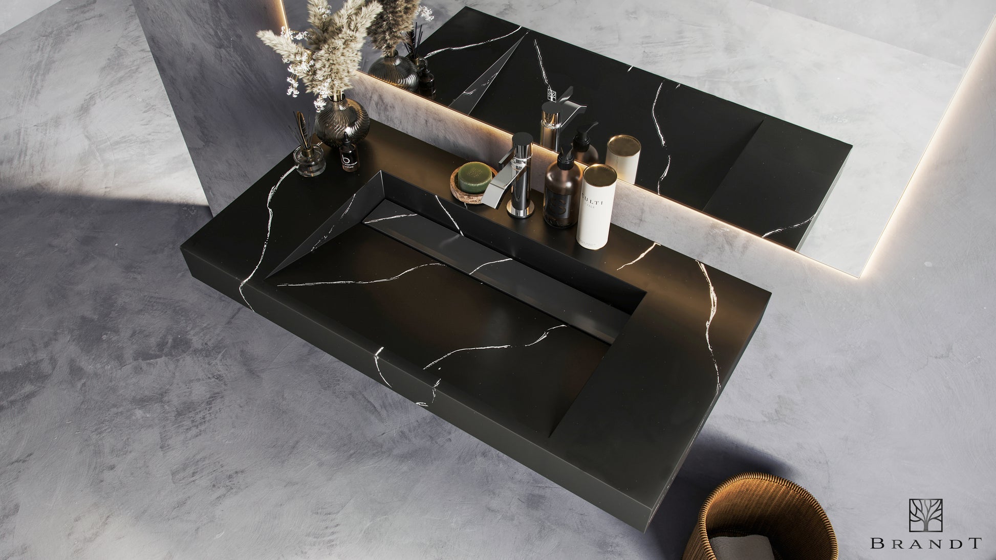 EDGE 90 cm Vegghengt Servant sett skrått ovenfra i Sort Marmorliknende Astral Black fra Brandt Bad med servantbatteri ARM071 i Black Chrome fra Tapwell.