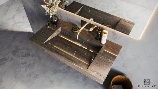 EDGE 90 cm Vegghengt Servant sett skrått ovenfra i Galakseliknende Galaxy Grey fra Brandt Bad med vegghengt servantbatteri BOX006 i Brushed Nickel fra Tapwell.