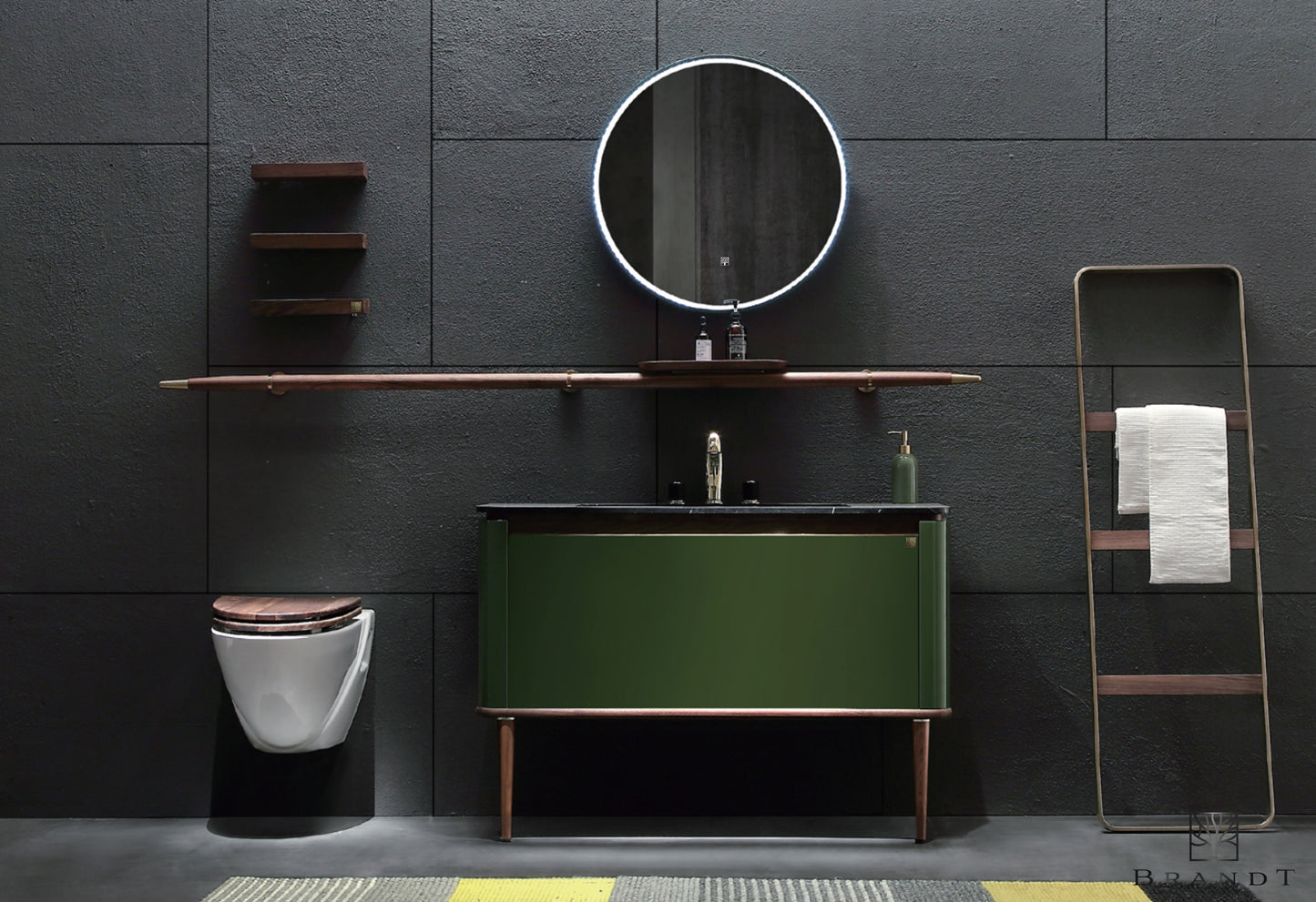 Unike Eterra baderomsmøbel fra Brandt Bad på 120 cm i grønn speilblank finish. Vakre detaljer i valnøtt. Runde former og servant i naturlig sort marmor. Tilbehør er tre vegghyller, kombinert håndklestang og hylle i vanøtt med messingdetaljer. Rundt speil med LED-belysning, og en vakker og praktisk håndklestige i valnøtt og messing.