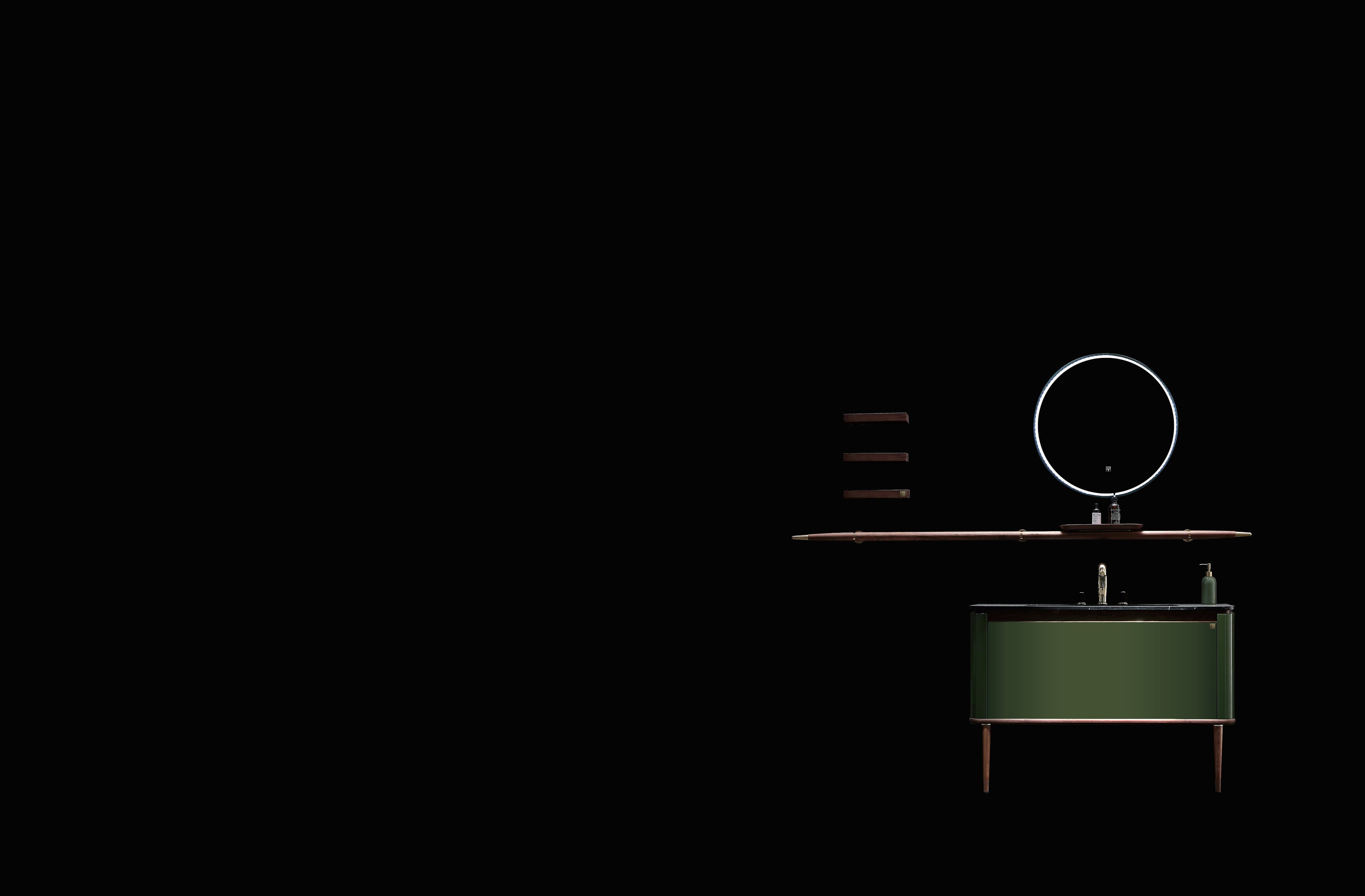 120 cm Eterra baderomsmøbel med tilbehør på sort bakgrunn. Baderomsskapet er grønt og har avrundede hjørner og runde ben i valnøtt.