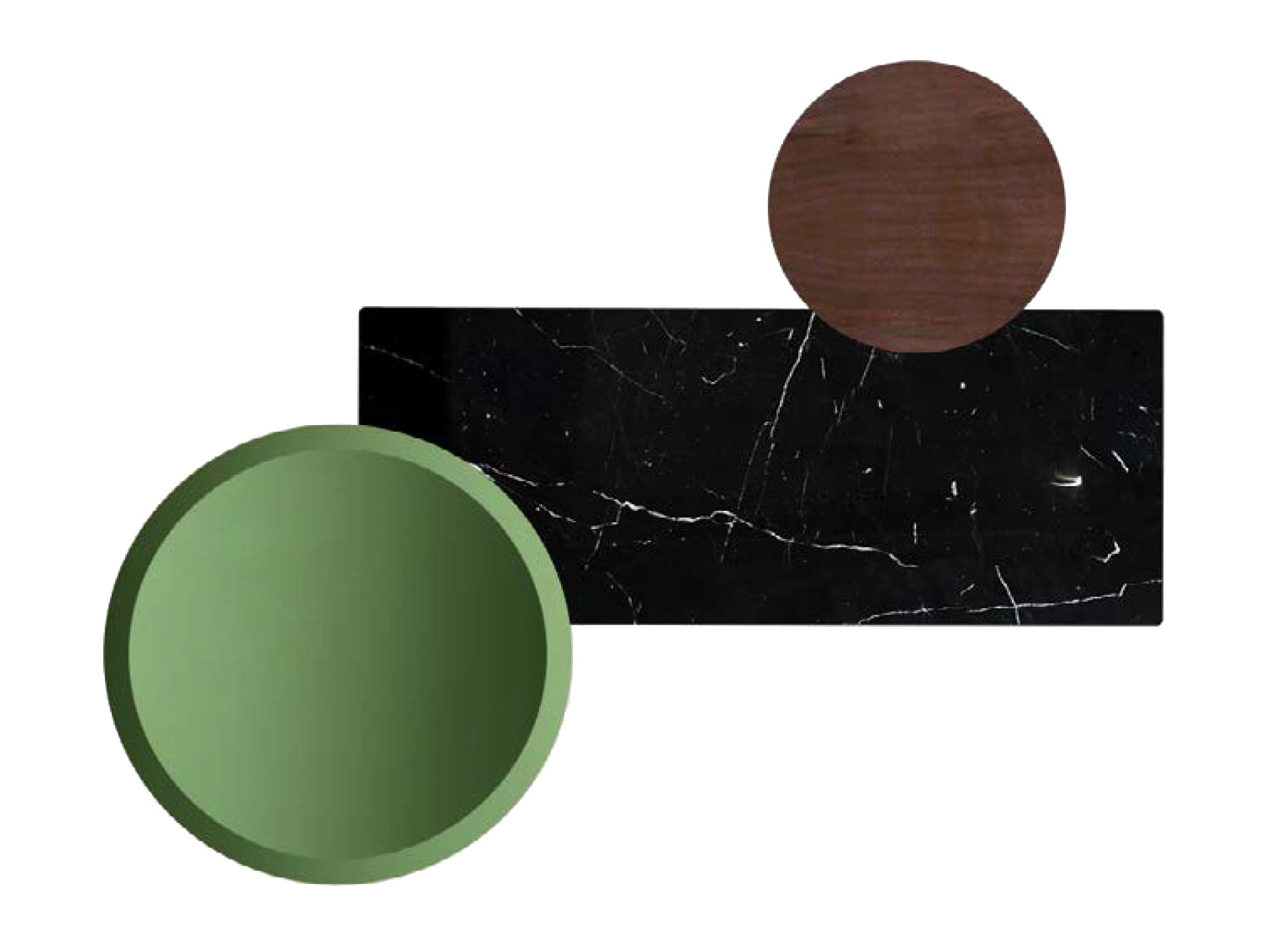 Palett som viser grønnfargen, valnøtt og sort marmor som er brukt på det vakre baderomsmøbelet Eterra fra Brandt Bad.