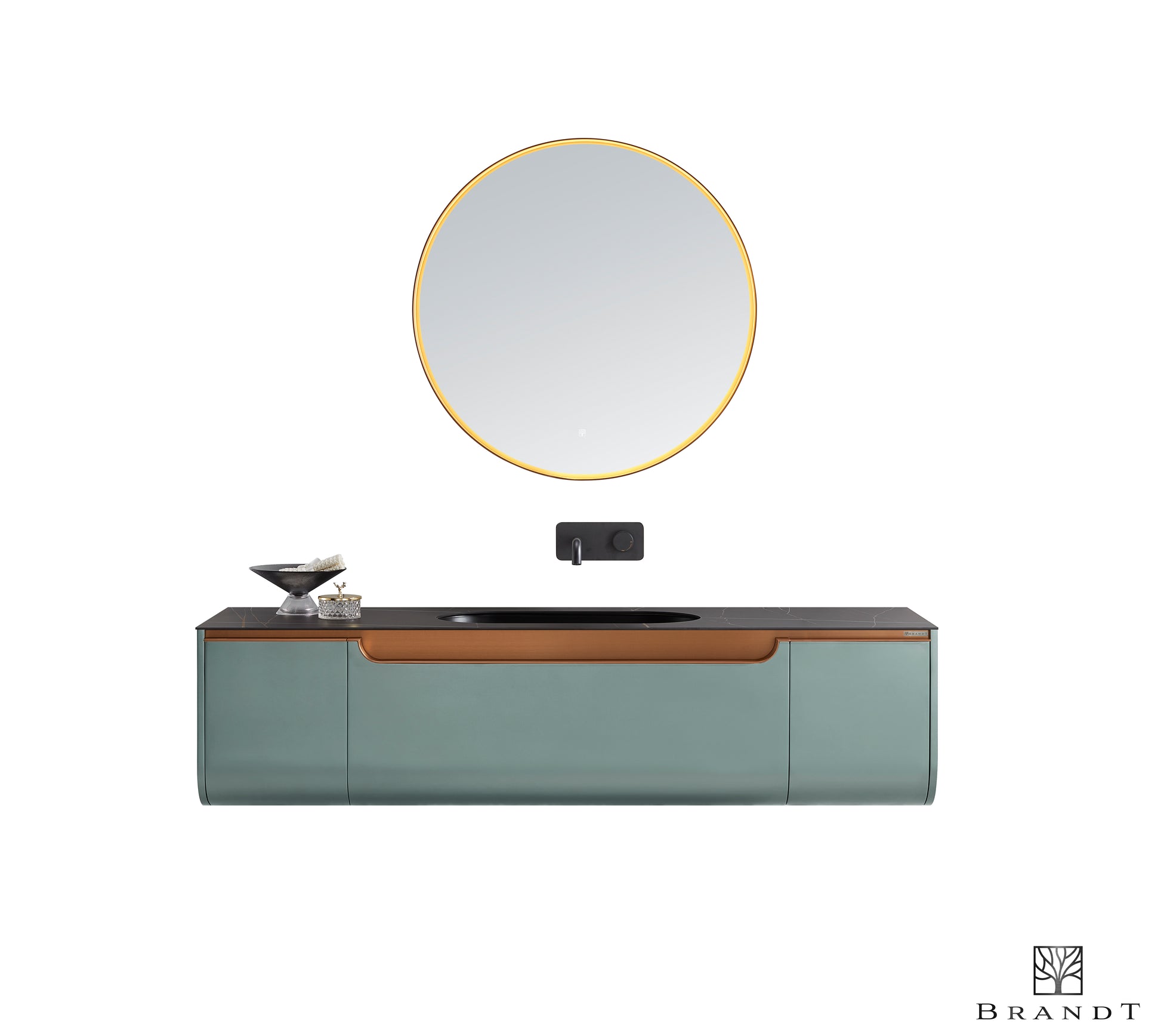 Vegghengt design baderomsmøbel 1800 mm bredde i grønn metallic og detaljer i kobber.  Stort rundt speil ramme i kobber og integrert LED belysning.