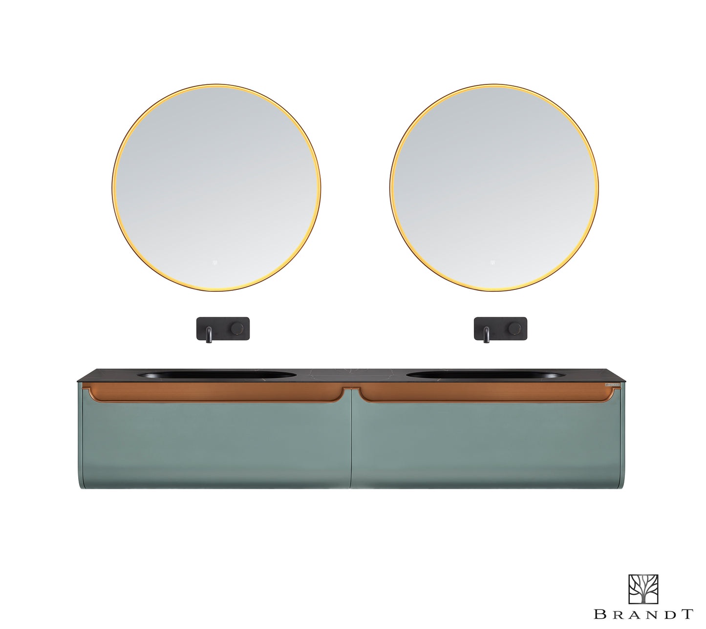 2200 mm bredt vegghengt baderomsmøbel med eksklusiv design og benkeplate i sort kompositt med marmoreringer. Grønn metallic farge og detaljer i kobber.