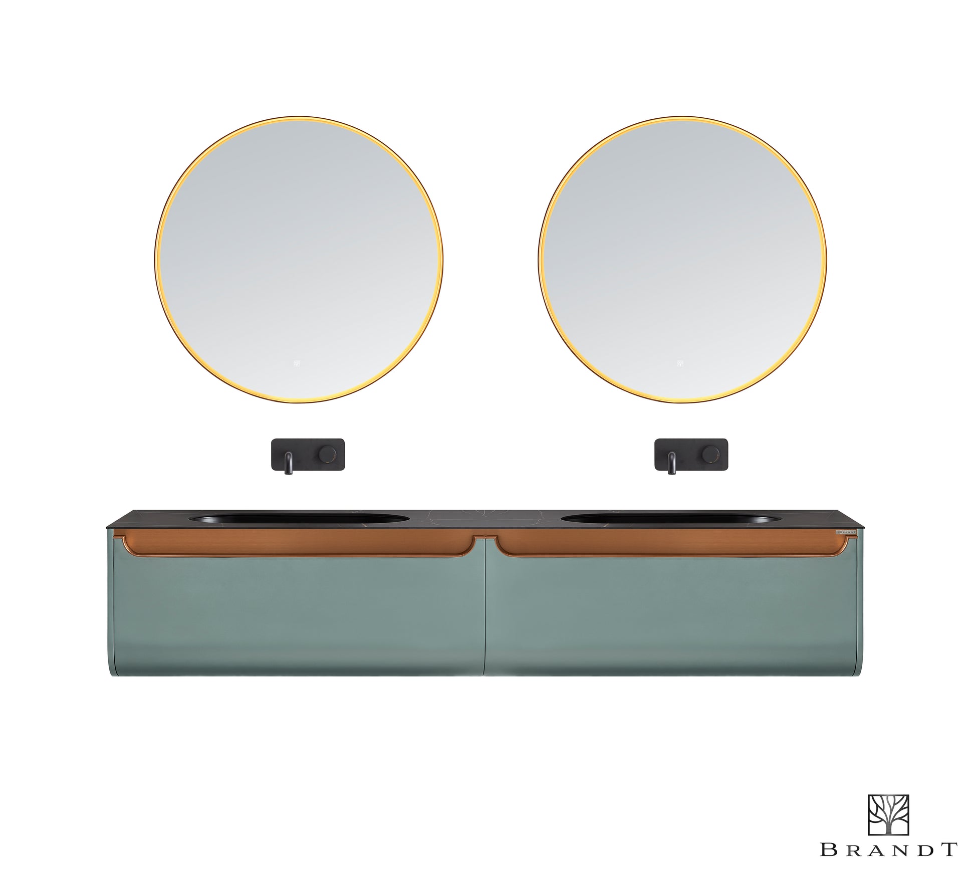 2200 mm bredt vegghengt baderomsmøbel med eksklusiv design og benkeplate i sort kompositt med marmoreringer. Grønn metallic farge og detaljer i kobber.