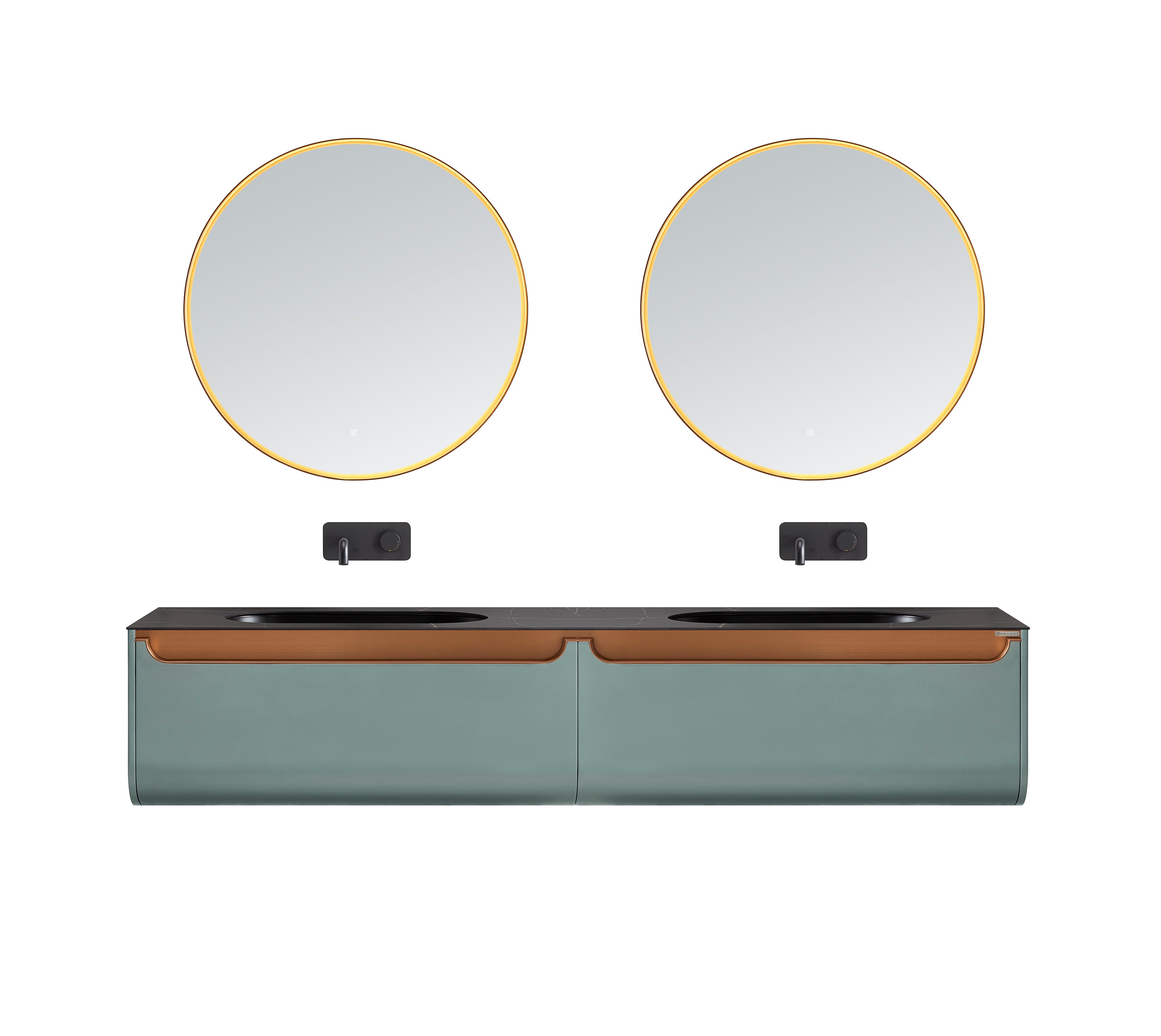 Scarabeo baderomsmøbel på 2200 mm med dobbel servant og to store skuffer. Møbelet er malt i en vakker metallisk sjøgrønn farge, med håndtak i kobber. Scarabeo baderomsmøbel er avrundet i underkant. Benkeplaten er sort med nedsenket servant. To store runde speil med ramme i kobber og LED belysinng henger over hver servant.