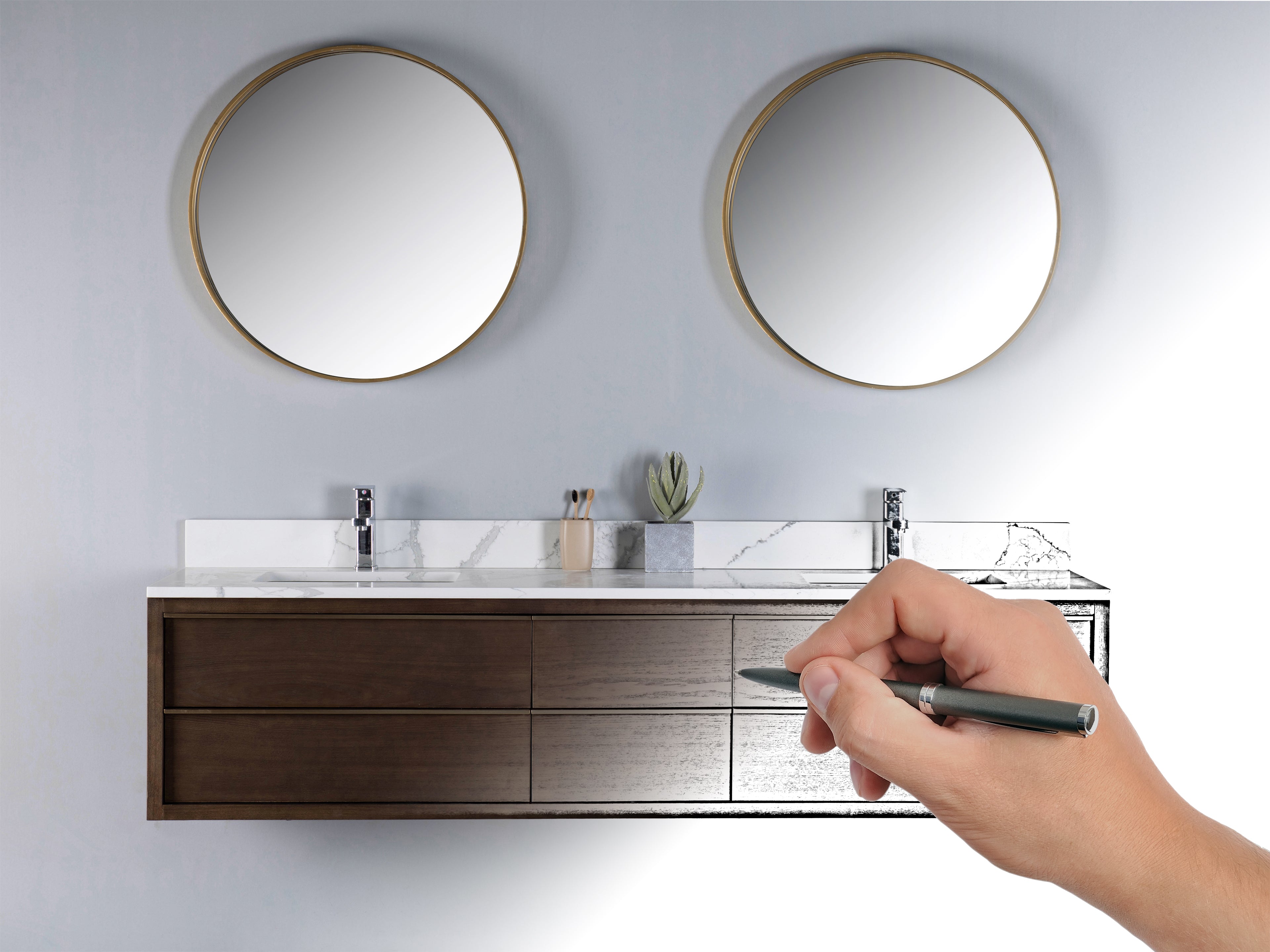 180 cm Vegghengt Baderomsmøbel fra Skreddersydd Kolleksjonen i Valnøttbeiset Eik med 6 Skuffer med Håndtakslist i Børstet Messing. Benkeplate i Calacatta Quartz Kompositt med Dobbel Servant.