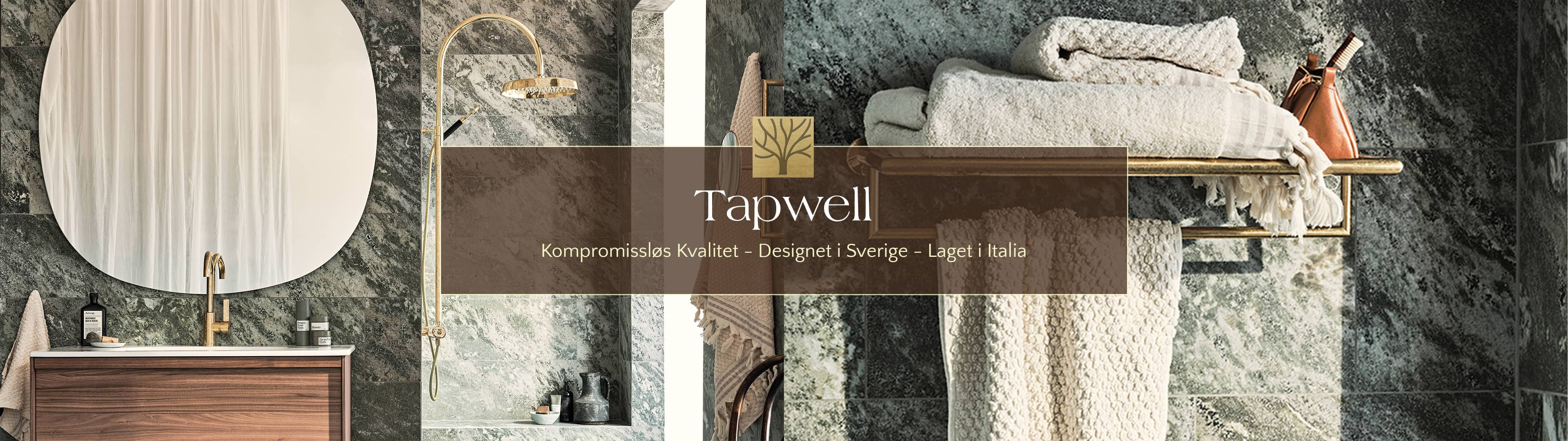 Baderom med grønne marmor fliser og servantbatteri, takdusj, sminkespeil og håndklehylle i messing fra Tapwell.