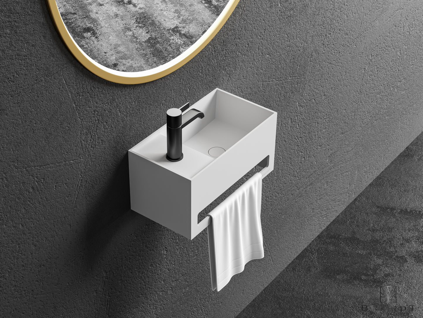 Liten vegghengt servant på 40 cm bredde i hvit solid surface med håndklestang. Sett ovenfra.