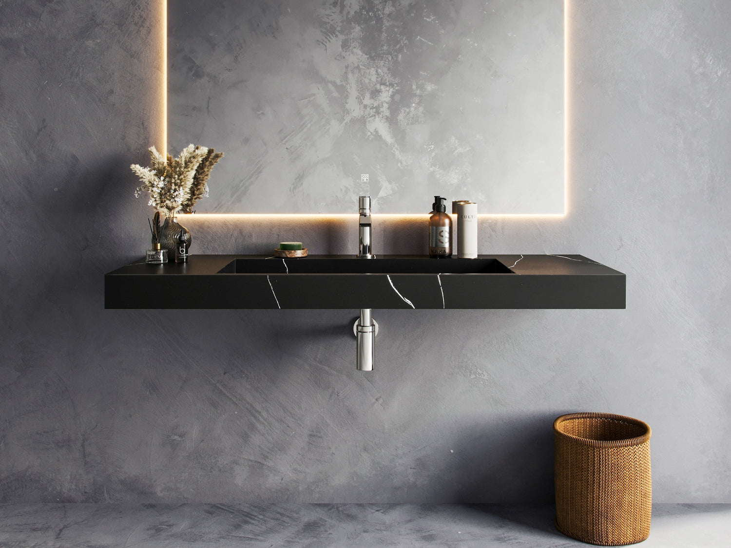 EDGE 120 cm Vegghengt Servant sett forfra i Sort Marmorliknende Astral Black fra Brandt Bad med servantbatteri ARM071 og vannlås XACC167 i Chrome fra Tapwell.