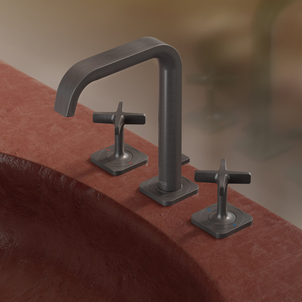 AXOR Citterio E 3-Hole Basin Mixer Faucet 170 with Escutcheons and Pop-Up Waste Set from Brandt in Brushed Black Chrome finish