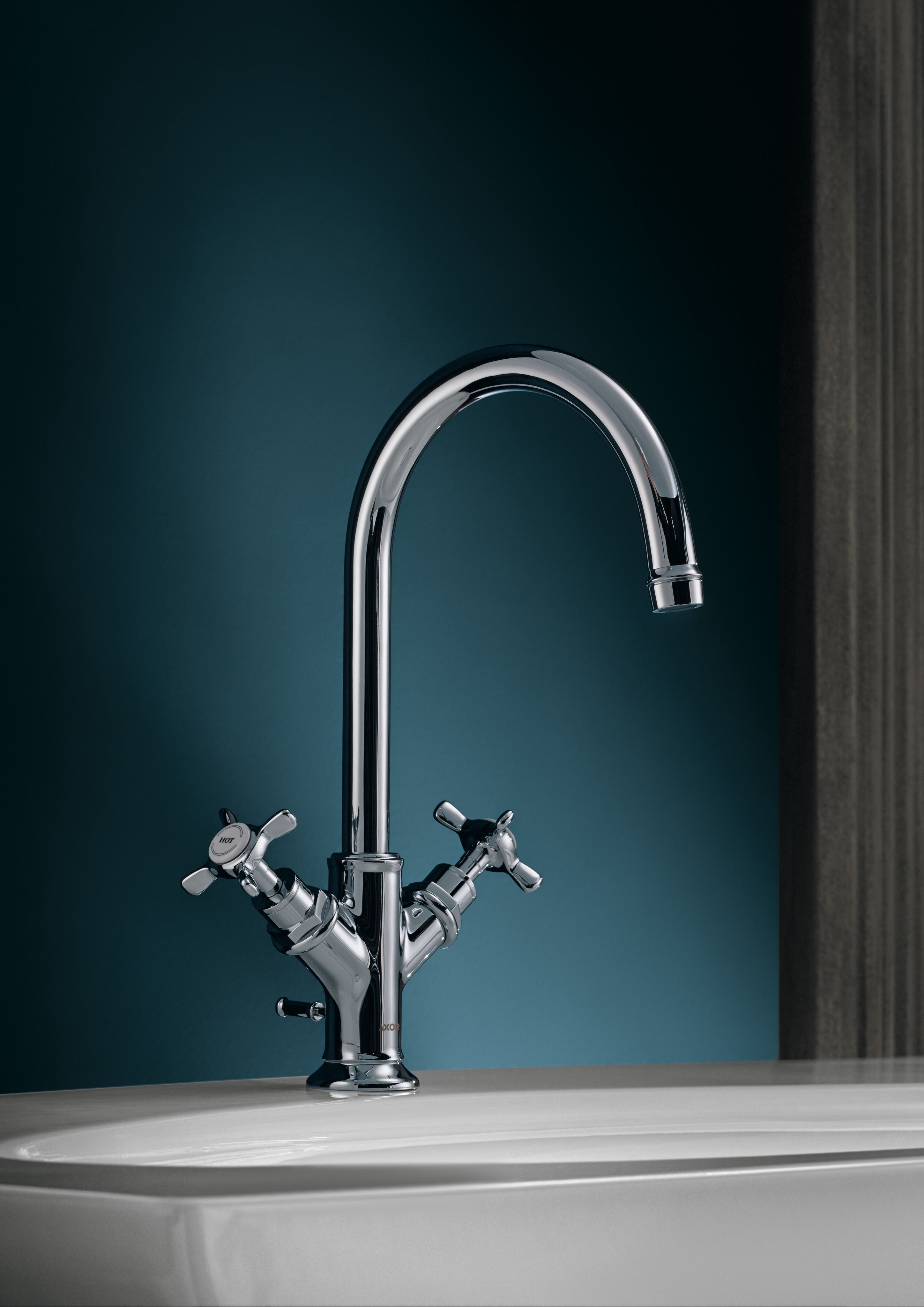 AXOR Montreux 2-Handle Basin Mixer Faucet 210 with Cross Handles, Swivel Spout and Pop-Up Waste Set from Brandt in Chrome finish