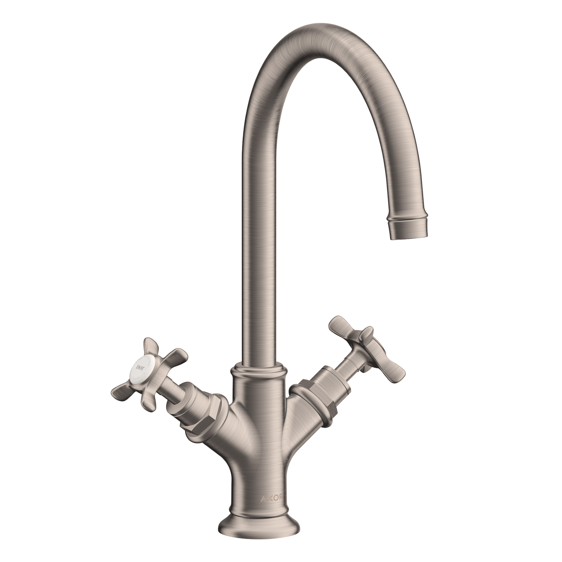 AXOR Montreux 2-Handle Basin Mixer Faucet 210 with Cross Handles, Swivel Spout and Pop-Up Waste Set from Brandt in Stainless Steel Optic finish
