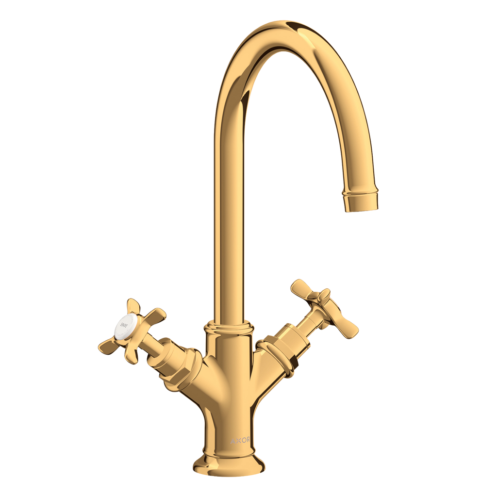 AXOR Montreux 2-Handle Basin Mixer Faucet 210 with Cross Handles, Swivel Spout and Pop-Up Waste Set from Brandt in Polished Gold Optic finish
