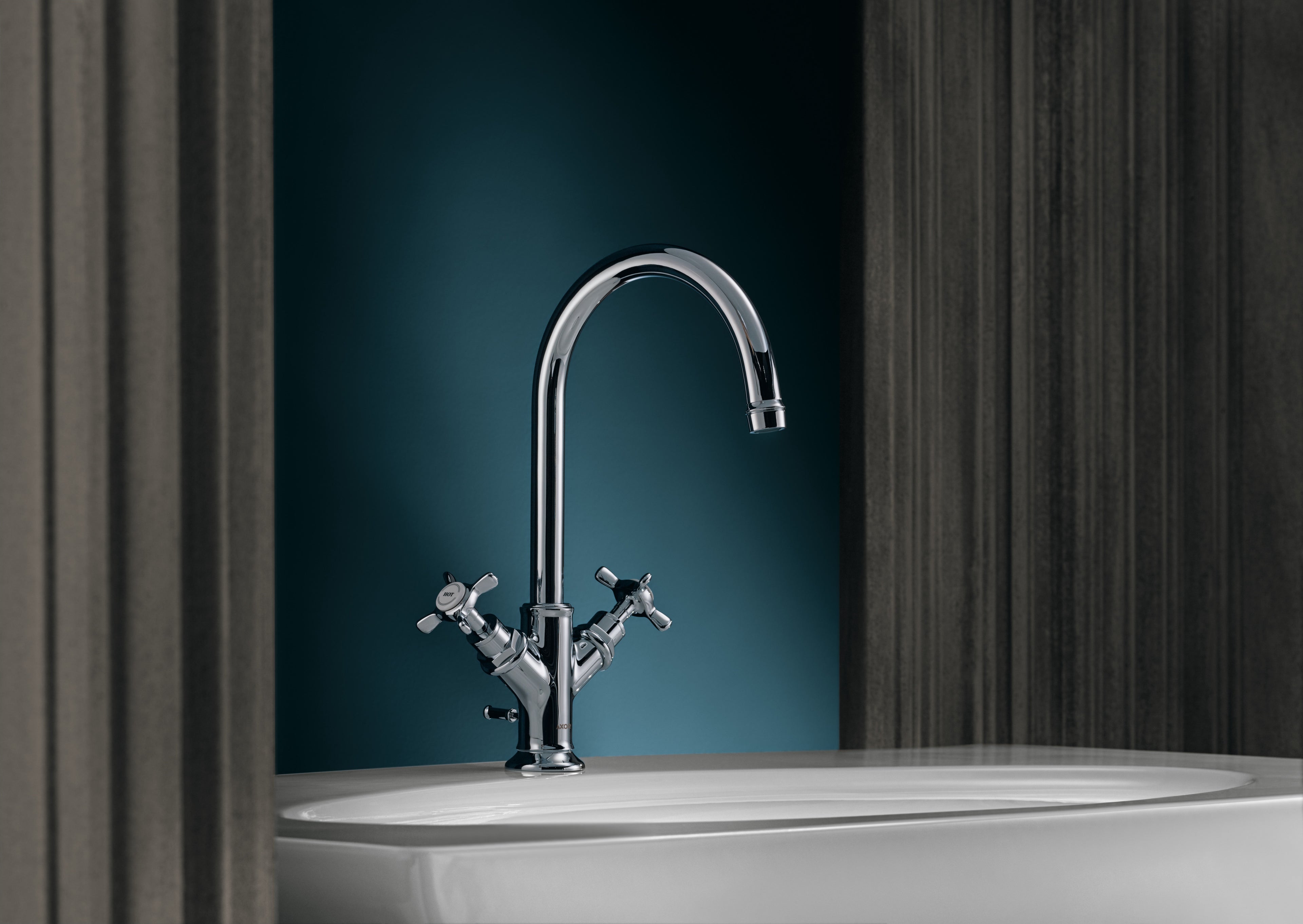 AXOR Montreux 2-Handle Basin Mixer Faucet 160 with Cross Handles, Swivel Spout and Pop-Up Waste Set from Brandt in Chrome finish