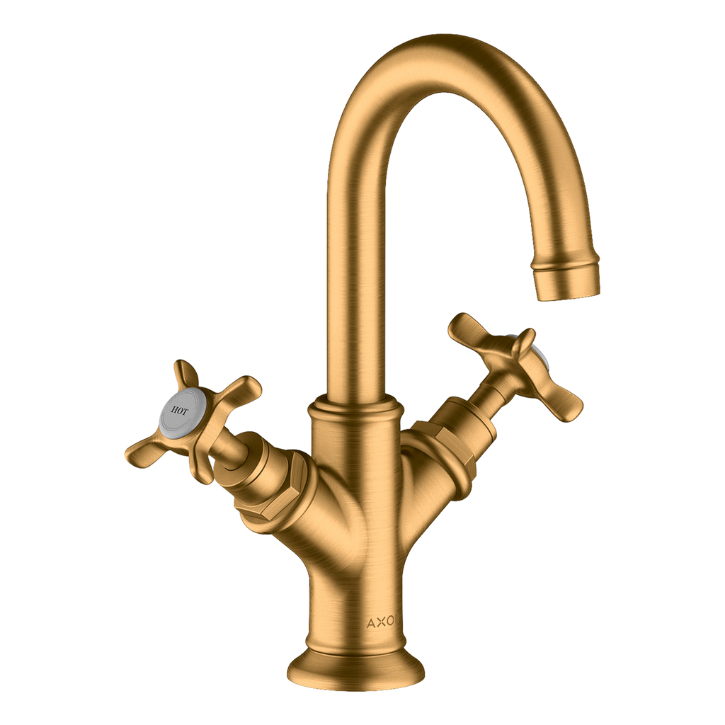 AXOR Montreux 2-Handle Basin Mixer Faucet 160 with Cross Handles, Swivel Spout and Pop-Up Waste Set from Brandt in Brushed Gold Optic finish