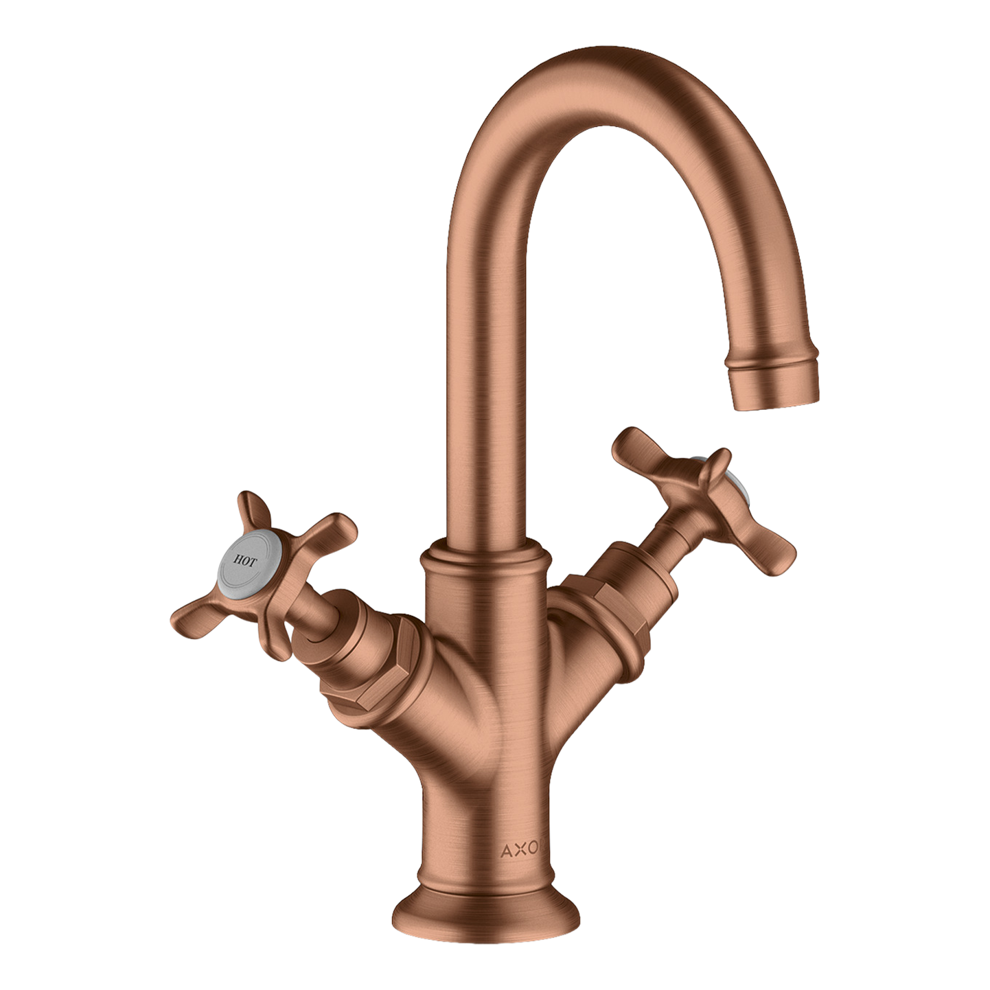 AXOR Montreux 2-Handle Basin Mixer Faucet 160 with Cross Handles, Swivel Spout and Pop-Up Waste Set from Brandt in Brushed Red Gold finish