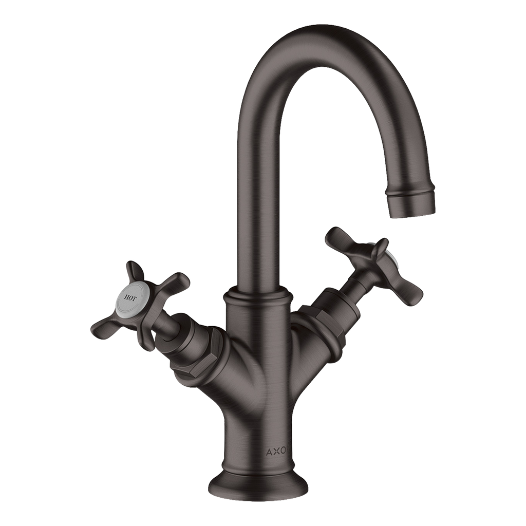 AXOR Montreux 2-Handle Basin Mixer Faucet 160 with Cross Handles, Swivel Spout and Pop-Up Waste Set from Brandt in Brushed Black Chrome finish