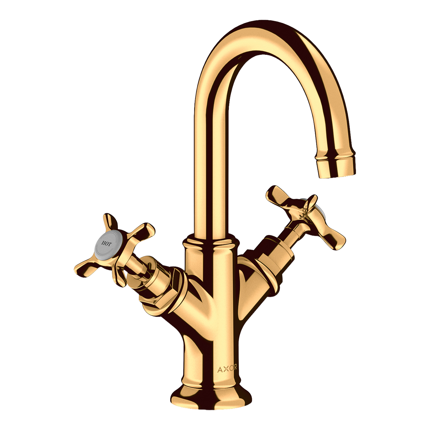 AXOR Montreux 2-Handle Basin Mixer Faucet 160 with Cross Handles, Swivel Spout and Pop-Up Waste Set from Brandt in Polished Gold Optic finish