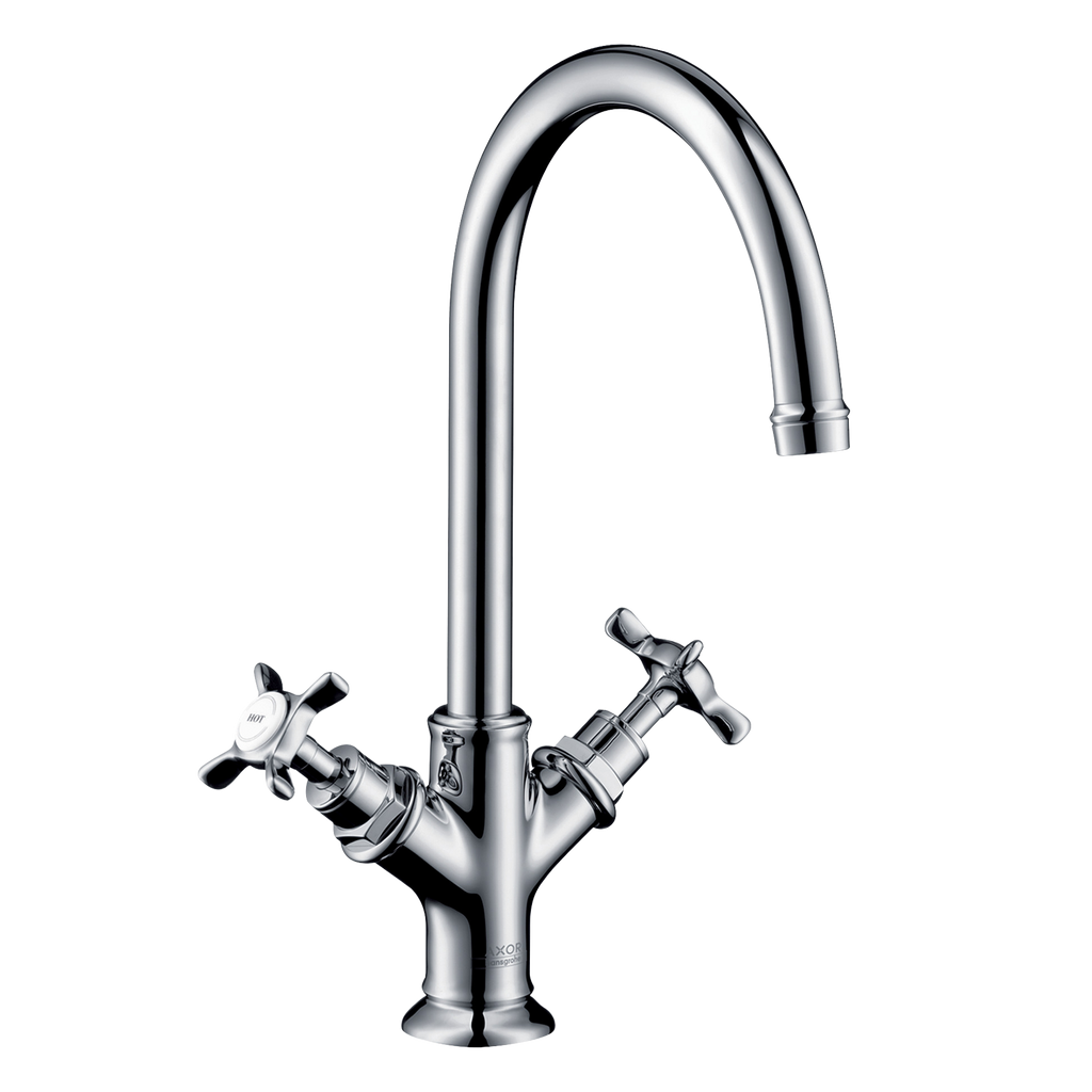 AXOR Montreux 2-Handle Basin Mixer Faucet 210 with Cross Handles, Swivel Spout and Open Waste Set from Brandt in Chrome finish