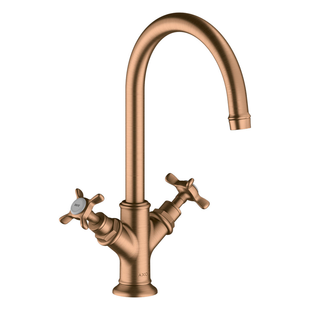AXOR Montreux 2-Handle Basin Mixer Faucet 210 with Cross Handles, Swivel Spout and Open Waste Set from Brandt in Brushed Bronze finish