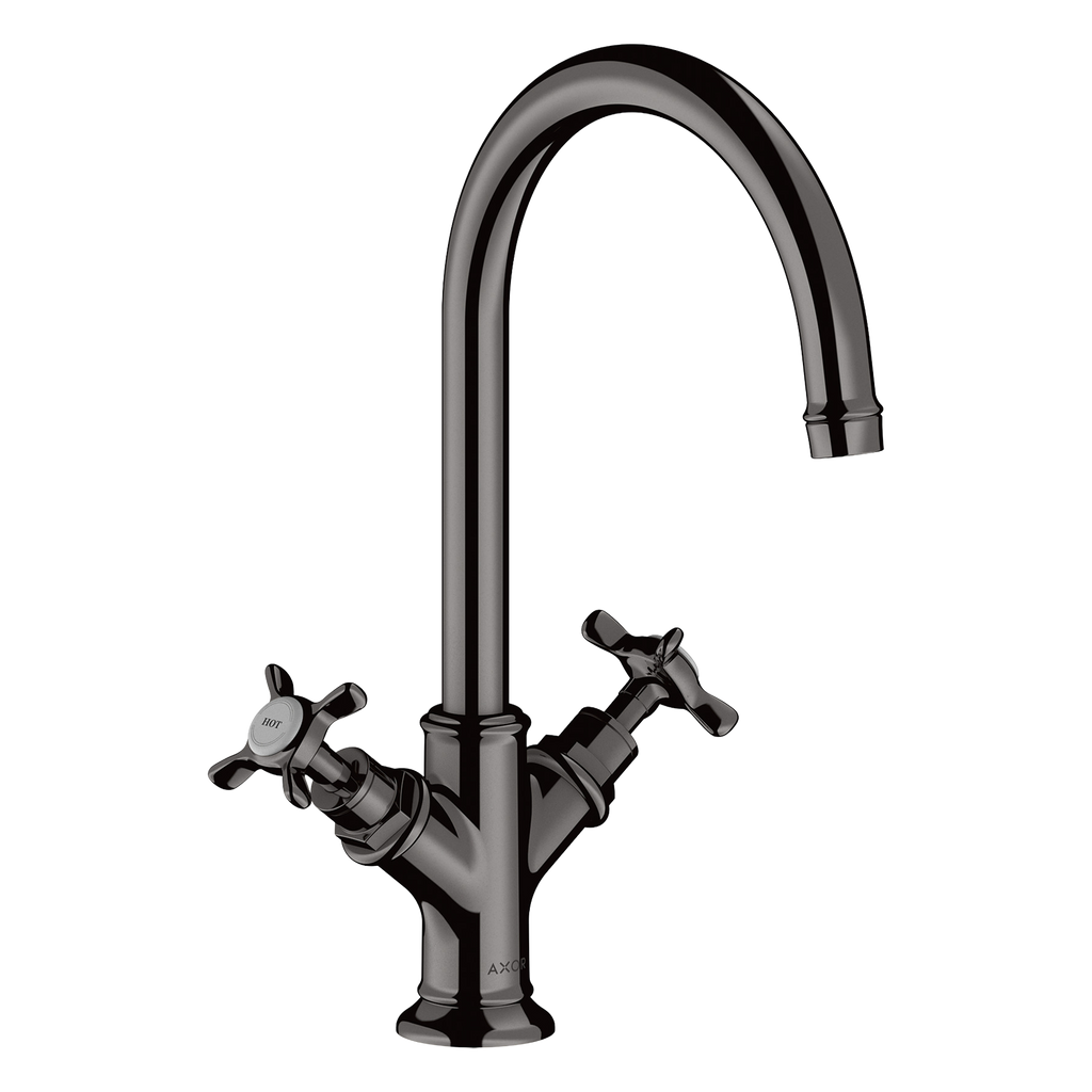 AXOR Montreux 2-Handle Basin Mixer Faucet 210 with Cross Handles, Swivel Spout and Open Waste Set from Brandt in Polished Black Chrome finish