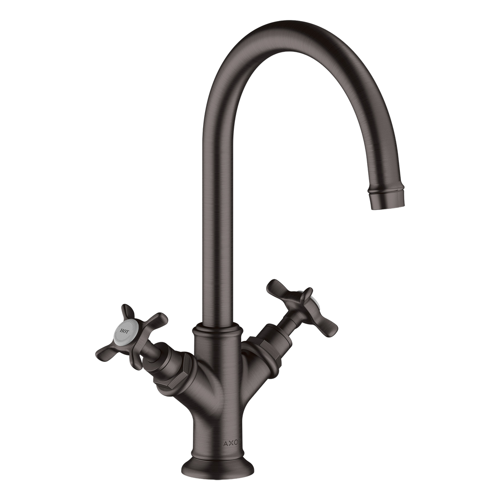 AXOR Montreux 2-Handle Basin Mixer Faucet 210 with Cross Handles, Swivel Spout and Open Waste Set from Brandt in Brushed Black Chrome finish