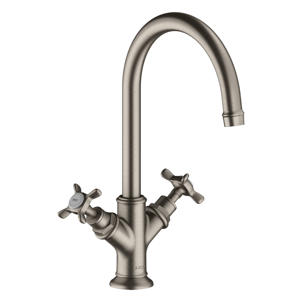 AXOR Montreux 2-Handle Basin Mixer Faucet 210 with Cross Handles, Swivel Spout and Open Waste Set from Brandt in Stainless Steel Optic finish