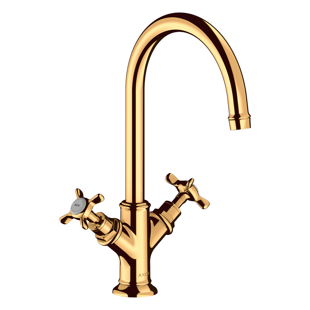 AXOR Montreux 2-Handle Basin Mixer Faucet 210 with Cross Handles, Swivel Spout and Open Waste Set from Brandt in Polished Gold Optic finish