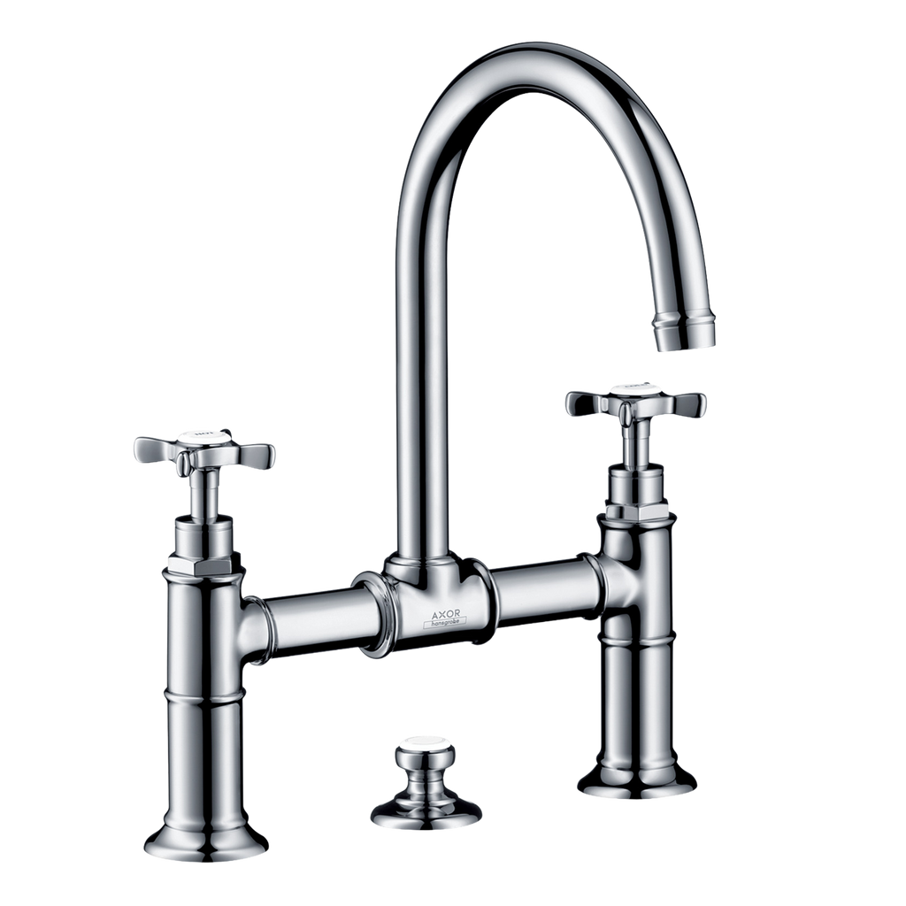 AXOR Montreux 2-Handle Basin Mixer Faucet 220 with Cross Handles, Swivel Spout and Pop-Up Waste Set from Brandt in Chrome finish