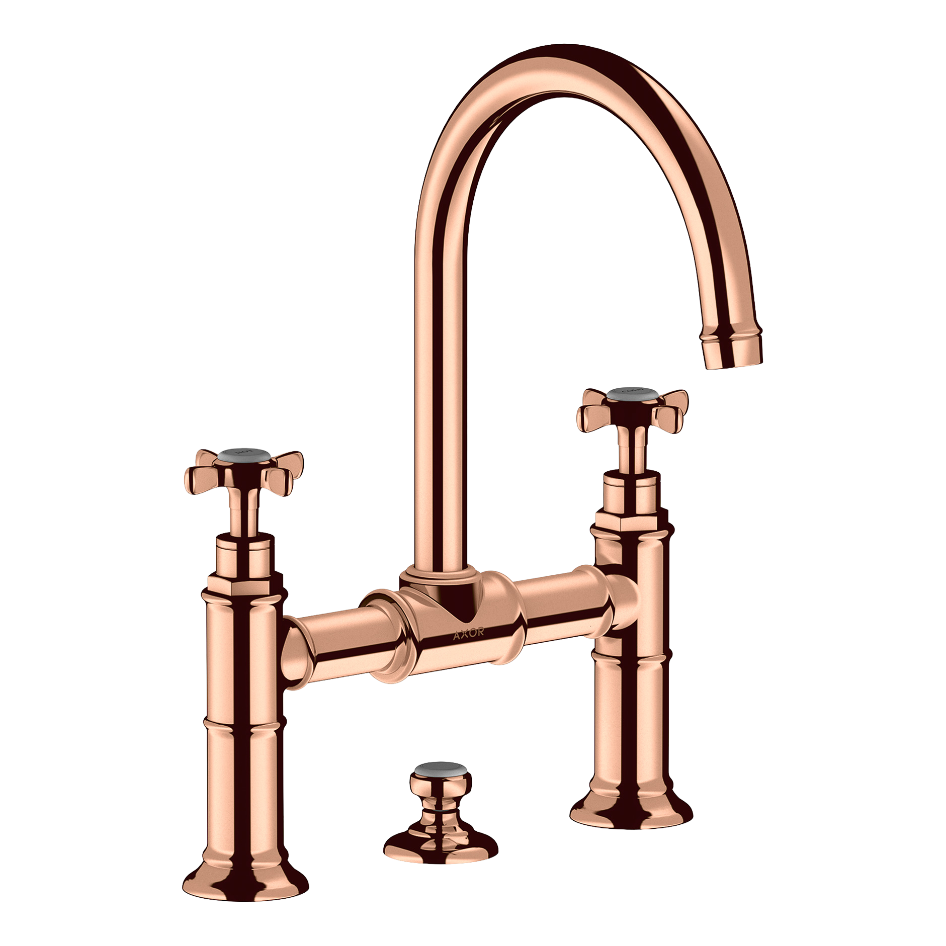 AXOR Montreux 2-Handle Basin Mixer Faucet 220 with Cross Handles, Swivel Spout and Pop-Up Waste Set from Brandt in Polished Red Gold finish