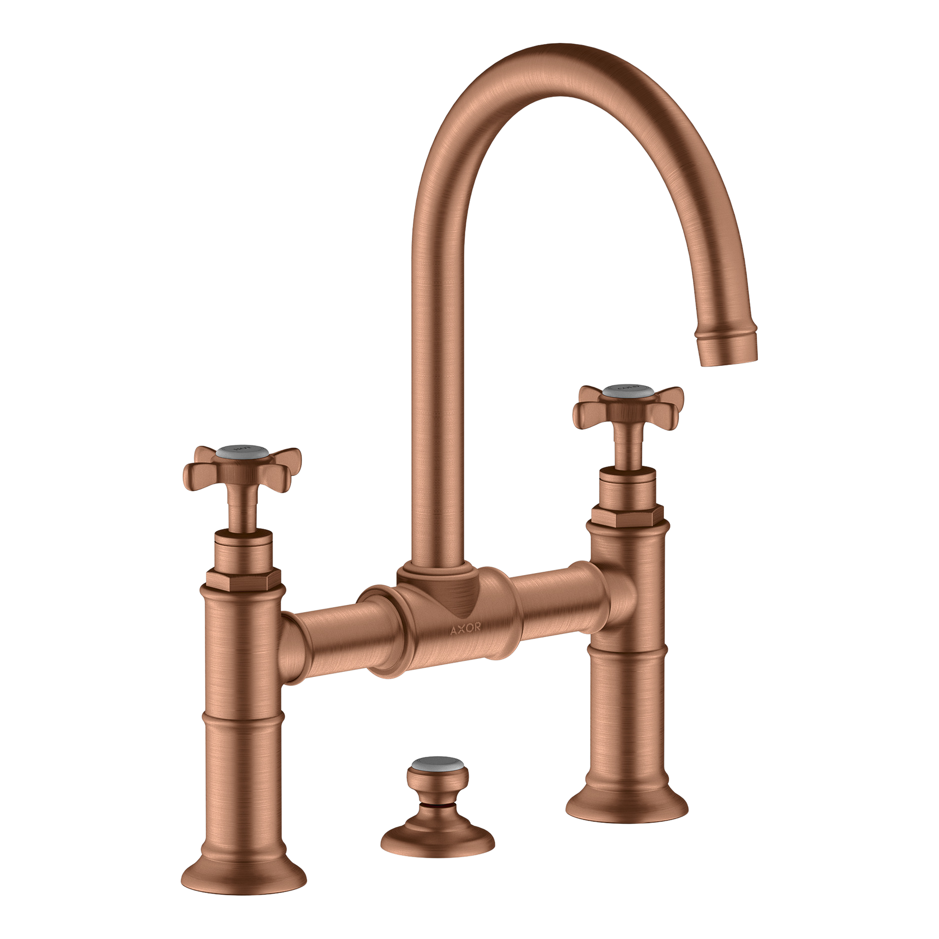AXOR Montreux 2-Handle Basin Mixer Faucet 220 with Cross Handles, Swivel Spout and Pop-Up Waste Set from Brandt in Brushed Red Gold finish