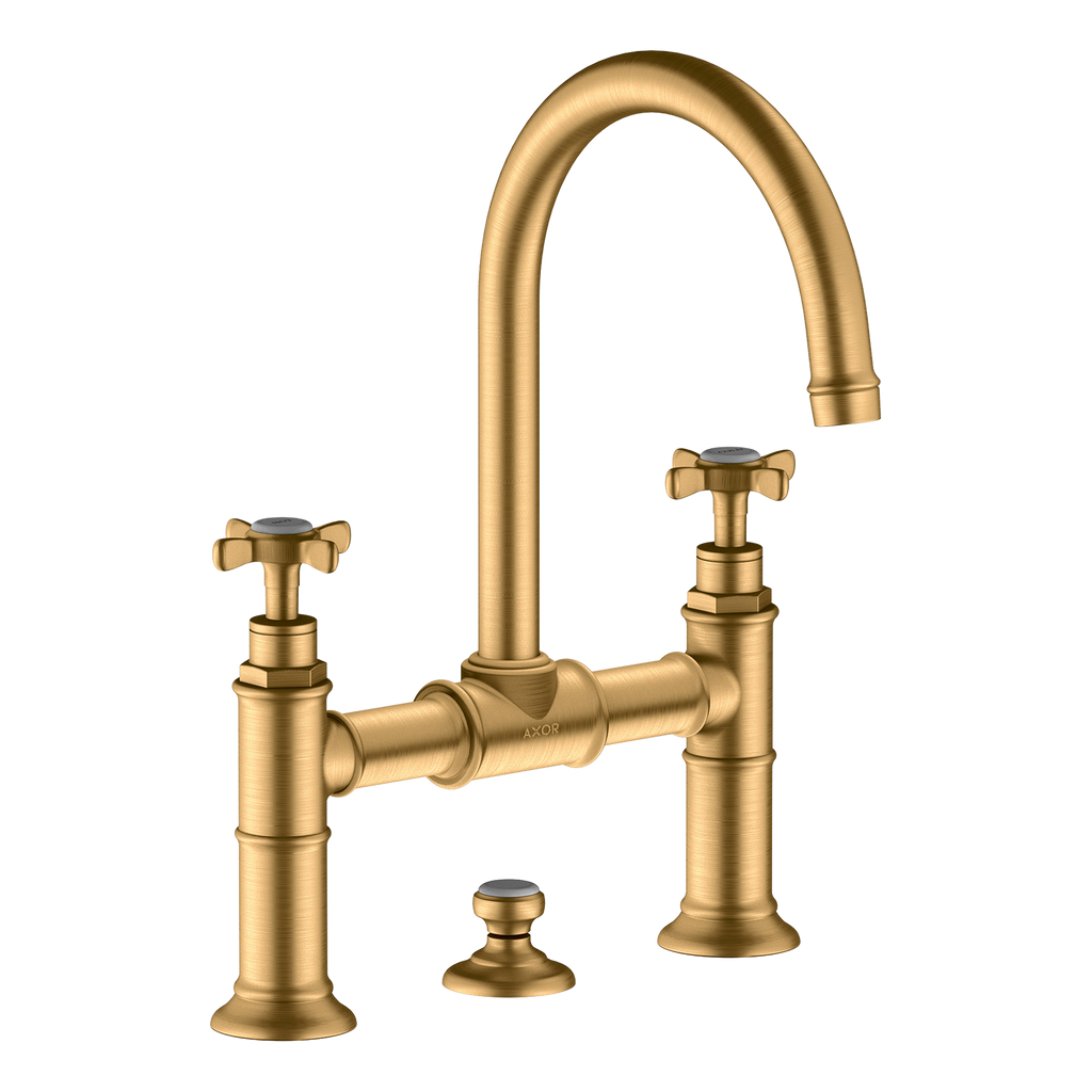 AXOR Montreux 2-Handle Basin Mixer Faucet 220 with Cross Handles, Swivel Spout and Pop-Up Waste Set from Brandt in Brushed Brass finish