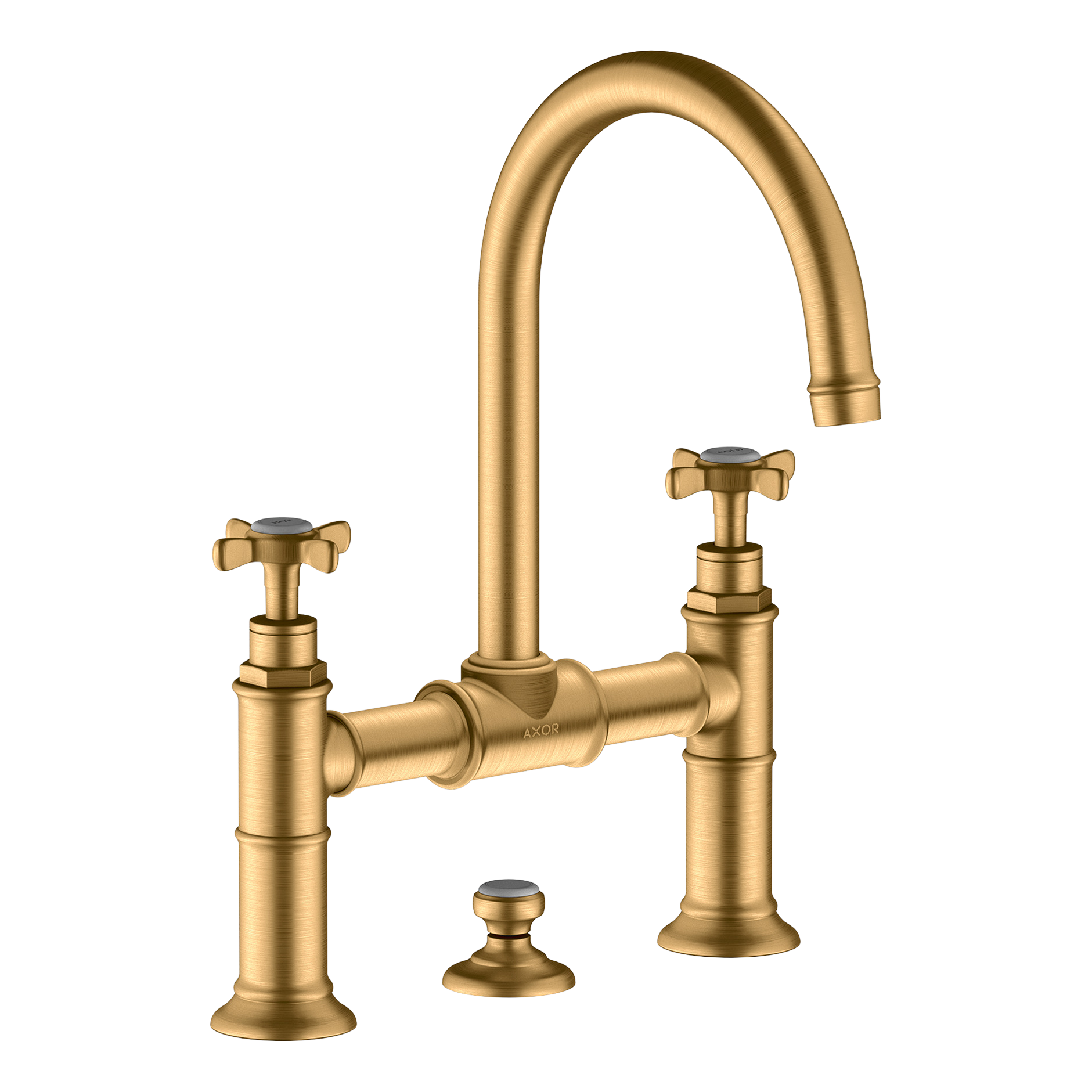 AXOR Montreux 2-Handle Basin Mixer Faucet 220 with Cross Handles, Swivel Spout and Pop-Up Waste Set from Brandt in Brushed Brass finish