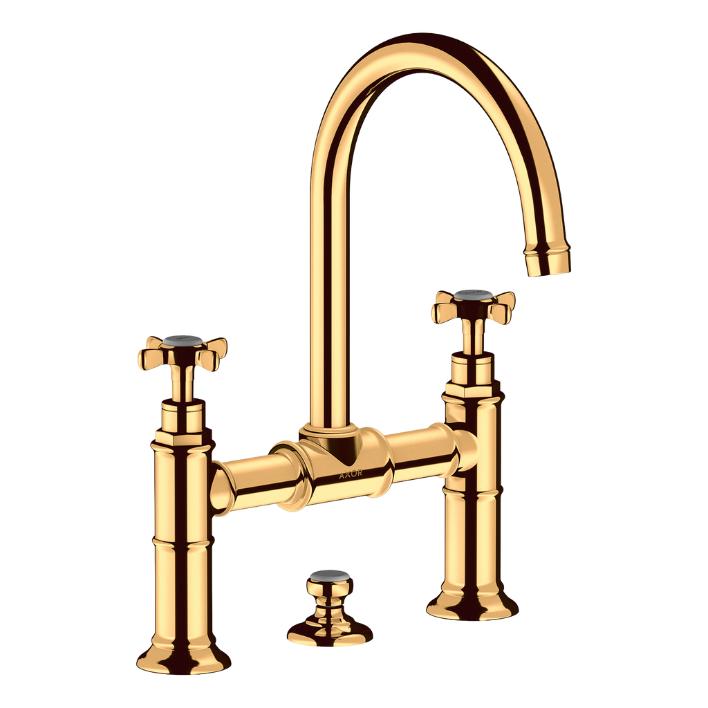 AXOR Montreux 2-Handle Basin Mixer Faucet 220 with Cross Handles, Swivel Spout and Pop-Up Waste Set from Brandt in Polished Gold Optic finish