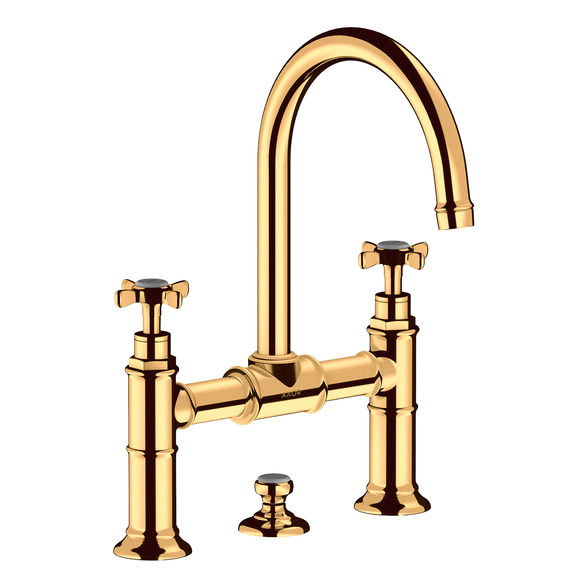 AXOR Montreux 2-Handle Basin Mixer Faucet 220 with Cross Handles, Swivel Spout and Pop-Up Waste Set from Brandt in Polished Gold Optic finish
