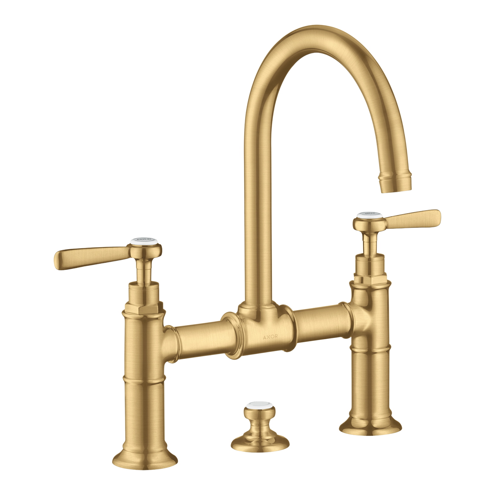 AXOR Montreux 2-Handle Basin Mixer Faucet 220 with Lever Handles, Swivel Spout and Pop-Up Waste Set from Brandt in Brushed Gold Optic finish