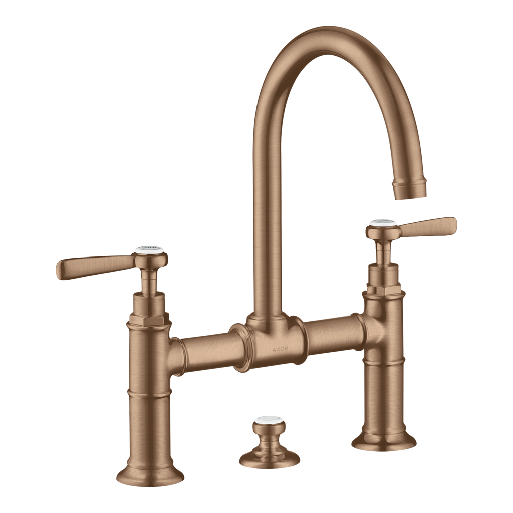 AXOR Montreux 2-Handle Basin Mixer Faucet 220 with Lever Handles, Swivel Spout and Pop-Up Waste Set from Brandt in Brushed Red Gold finish