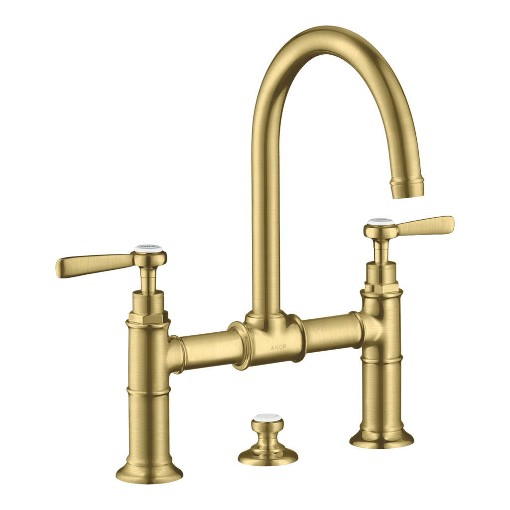 AXOR Montreux 2-Handle Basin Mixer Faucet 220 with Lever Handles, Swivel Spout and Pop-Up Waste Set from Brandt in Brushed Brass finish