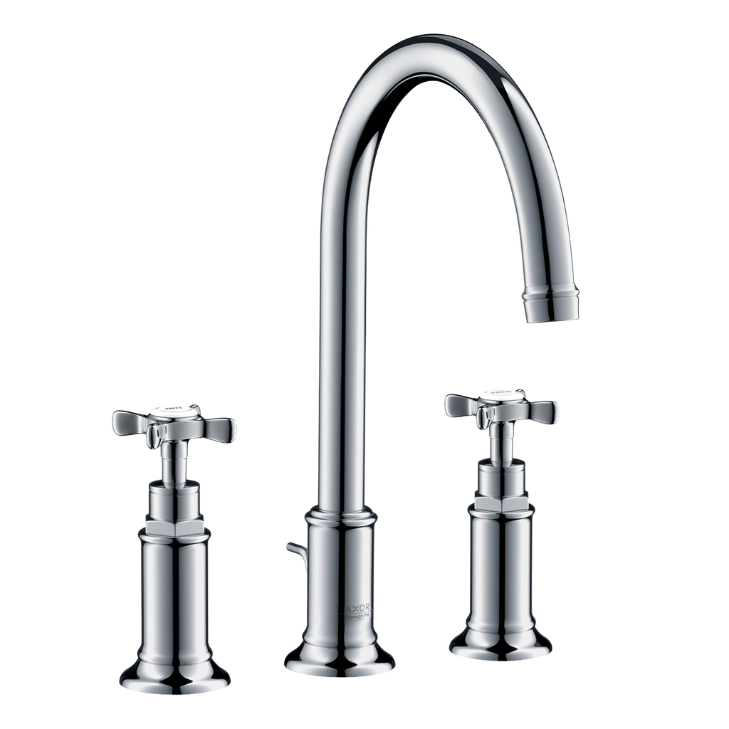 AXOR Montreux 3-Hole Basin Mixer Faucet 180 with Cross Handles, Swivel Spout and Pop-Up Waste Set from Brandt in Chrome finish