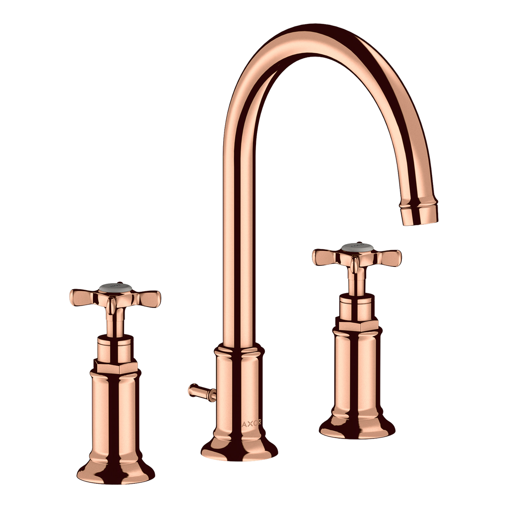 AXOR Montreux 3-Hole Basin Mixer Faucet 180 with Cross Handles, Swivel Spout and Pop-Up Waste Set from Brandt in Polished Red Gold finish