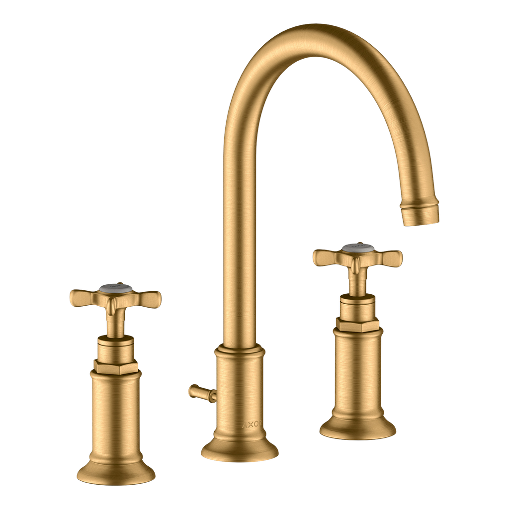 AXOR Montreux 3-Hole Basin Mixer Faucet 180 with Cross Handles, Swivel Spout and Pop-Up Waste Set from Brandt in Brushed Brass finish