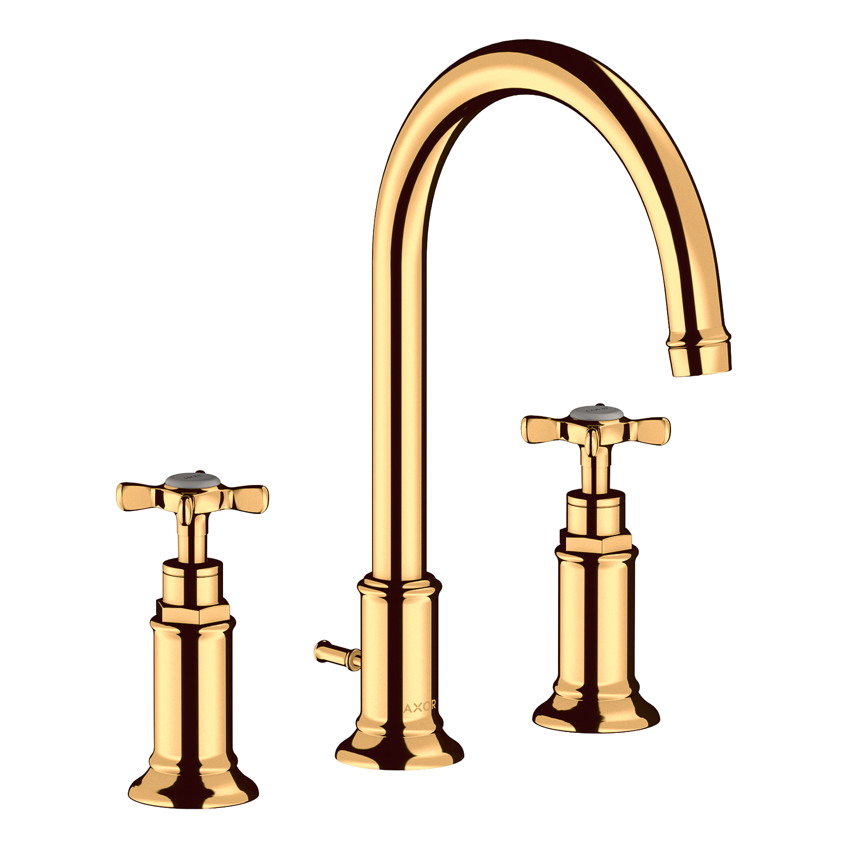 AXOR Montreux 3-Hole Basin Mixer Faucet 180 with Cross Handles, Swivel Spout and Pop-Up Waste Set from Brandt in Polished Gold Optic finish