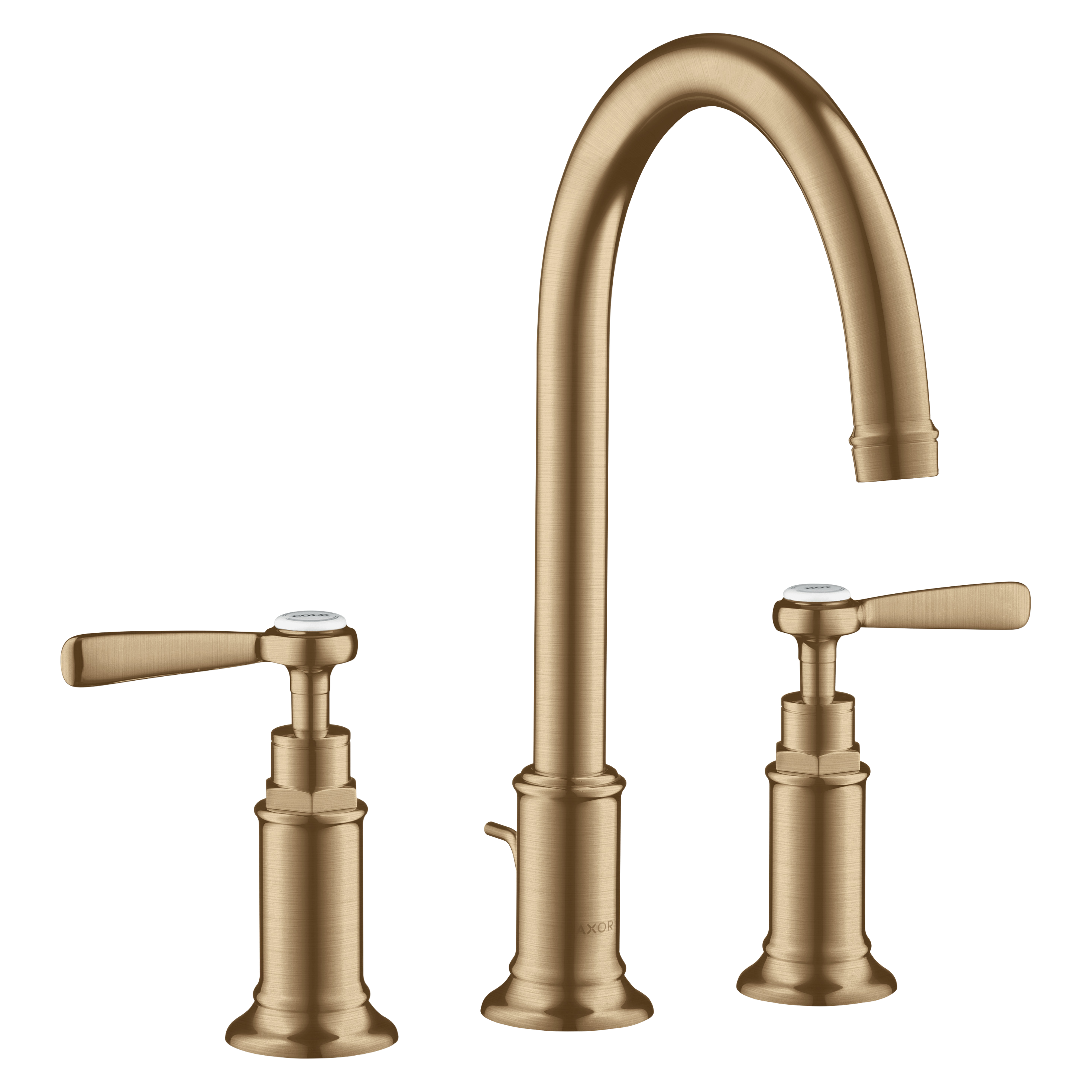AXOR Montreux 3-Hole Basin Mixer Faucet 180 with Lever Handles, Swivel Spout and Pop-Up Waste Set from Brandt in Brushed Bronze finish