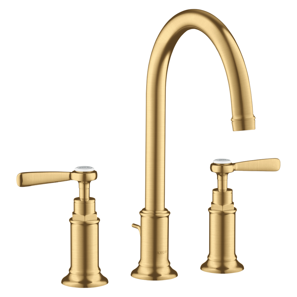AXOR Montreux 3-Hole Basin Mixer Faucet 180 with Lever Handles, Swivel Spout and Pop-Up Waste Set from Brandt in Brushed Gold Optic finish
